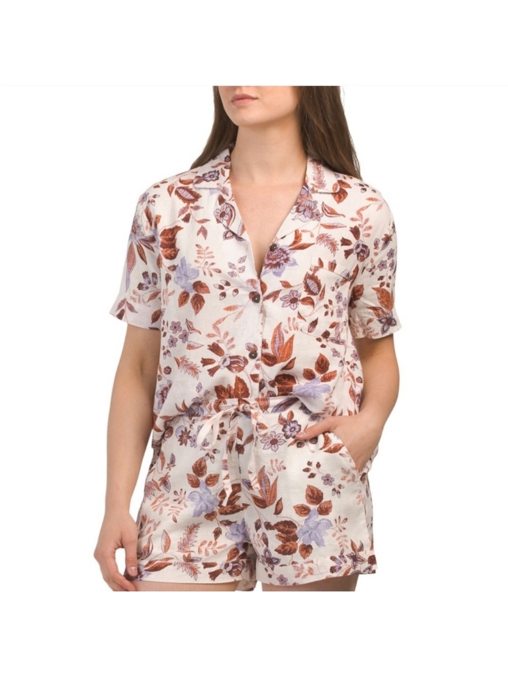 Rachel Zoe Cream Short Pajama Set with Rust & Lavender Floral Print